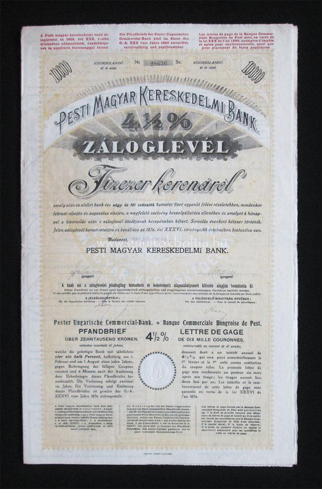 Pesti Magyar Kereskedelmi Bank záloglevél 10000 korona 1922 -ny-